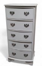A painted mahogany chest, slightly bowed, of five cockbeaded drawers, 100cm high, 45cm wide, 36cm