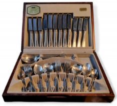 A Viners English Bead pattern canteen, for six, comprising soup spoons, table knives and forks,
