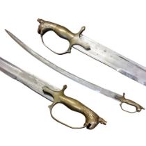 An  Indian Golden Temple sword, brass lion head hilt,  the curved blade with an etched temple and