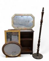 A mahogany open bookcase, 79cm high, 80cm wide, 34cm deep;   a standard lamp;  three various mirrors