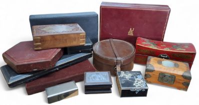 Boxes and objects - a leather bound circular collar box; a jadetite inlaid, meatl bound jewellery