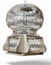 A Moroccan song bird cage, painted white with blue accents, 72cm drop