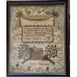 An early 19th century needlework sampler, embroidered by Mariad Chaimbal, 1833, with building, verse