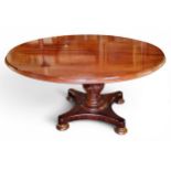 A Victorian mahogany oval dining table, the base with bulbous column, incurved square base,