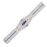 AN EXQUISITE FRENCH ART DECO SAPPHIRE AND DIAMOND STRAP BRACELET in platinum, in scrolling