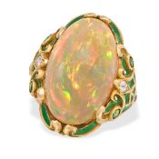 A FINE ART NOUVEAU OPAL, TSAVORITE GARNET, DIAMOND AND ENAMEL DRESS RING, EARLY 20TH CENTURY in 18ct