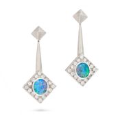 GRIMA, A PAIR OF BOULDER OPAL AND DIAMOND DROP EARRINGS each comprising a square drop set with a