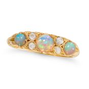 AN ANTIQUE EDWARDIAN OPAL AND DIAMOND RING, 1903 in 18ct yellow gold, set with a trio of graduated