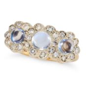 A MOONSTONE AND DIAMOND DRESS RING, MID 20TH CENTURY in 18ct yellow gold, set with a trio of