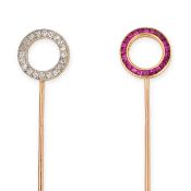 CARTIER, AN ANTIQUE RUBY AND DIAMOND DOUBLE SIDED STICK / TIE PIN, EARLY 20TH CENTURY designed as an