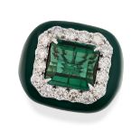 OSCAR FRIEDMAN, A GREEN TOURMALINE, DIAMOND AND ENAMEL RING set with an octagonal step cut green