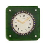 CARTIER, AN ART DECO NEPHRITE JADE, DIAMOND AND ENAMEL DESK CLOCK comprising polished nephrite