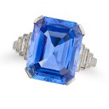 A FINE ART DECO 11.70 CARAT CEYLON NO HEAT SAPPHIRE AND DIAMOND RING set with an octagonal step