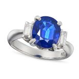 A 4.21 CARAT SAPPHIRE AND DIAMOND RING set with an oval cut sapphire of 4.21 carat between two
