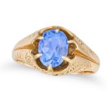 AN ANTIQUE CEYLON NO HEAT SAPPHIRE RING in 20ct yellow gold, set with a cushion cut sapphire of 3.51