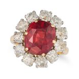 NO RESERVE - A FINE ANTIQUE UNHEATED SPINEL AND DIAMOND CLUSTER RING set with a cushion cut spinel