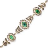 NO RESERVE - AN EMERALD, MOONSTONE AND DIAMOND BRACELET in silver gilt, set with a row of oval