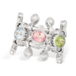 CHRISTIAN DIOR, AN AQUAMARINE, PINK TOURMALINE, PERIDOT AND DIAMOND DEUX EPICES RING in 18ct white