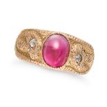 A FINE ANTIQUE RUBY AND DIAMOND SNAKE RING in yellow gold, set with an oval cabochon ruby of 4.45