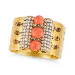 A FINE ANTIQUE CORAL, PEARL AND DIAMOND BANGLE, 19TH CENTURY in yellow gold, the hinged bangle set