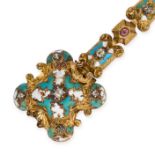 AN ANTIQUE VICTORIAN RUBY, DIAMOND AND ENAMEL BRACELET in yellow gold, comprising a row of fancy