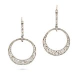 NO RESERVE - A PAIR OF FRENCH ART DECO DIAMOND DROP HOOP EARRINGS each pierced hoop set with round c