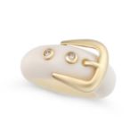 NO RESERVE - A VINTAGE DIAMOND AND HARDSTONE BUCKLE RING in high carat yellow gold, the tapering