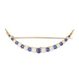 NO RESERVE - A LARGE FINE ANTIQUE UNHEATED SAPPHIRE AND DIAMOND CRESCENT MOON BROOCH, 19TH CENTURY