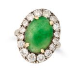 NO RESERVE - A VINTAGE JADEITE JADE AND DIAMOND CLUSTER RING set with a cabochon jadeite jade in a
