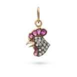 NO RESERVE - A FINE ANTIQUE RUBY AND DIAMOND COCKEREL PENDANT / CHARM in yellow gold and silver,