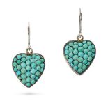 NO RESERVE - A PAIR OF TURQUOISE HEART DROP EARRINGS each designed as a heart pave set with round