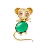 A VINTAGE CHRYSOPRASE AND RUBY MOUSE BROOCH, 1967 in 18ct yellow gold, designed as a mouse set with