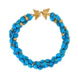 ELIZABETH GAGE, A TURQUOISE NECKLACE, 1988 in 18ct yellow gold, comprising four rows of polished tur