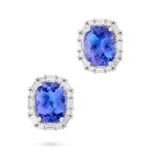 HARLE PARIS, A PAIR OF TANZANITE AND DIAMOND EARRINGS in 18ct white gold, each set with a cushion cu