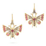NO RESERVE - A PAIR OF RUBY, DIAMOND, EMERALD AND RHODOLITE GARNET BUTTERFLY EARRINGS in gilded silv