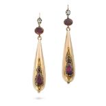 A PAIR OF ANTIQUE VICTORIAN GARNET DROP EARRINGS, 19TH CENTURY in yellow gold, each of articulated d