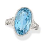 AN AQUAMARINE AND DIAMOND RING set with an oval cut aquamarine of approximately 11.84 carats, the sh