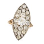 A VERY FINE ANTIQUE DIAMOND NAVETTE RING, 19TH CENTURY in 18ct yellow gold and silver, the navette