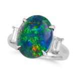 A FINE BLACK OPAL AND DIAMOND THREE STONE RING set with an oval cabochon black opal of 5.21