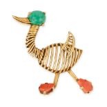 CARTIER, A VINTAGE EMERALD AND CORAL DUCK BROOCH, CIRCA 1950 in 18ct yellow gold, playfully designed