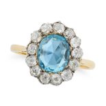 AN ANTIQUE AQUAMARINE AND DIAMOND CLUSTER RING set with an oval cut aquamarine of approximately 1.71