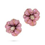 A PAIR OF PINK SAPPHIRE AND DIAMOND FLOWER EARRINGS each designed as a flower, the petals pave set w