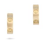 CARTIER, A PAIR OF LOVE HOOP EARRINGS in 18ct yellow gold, each designed as a hop punctuated by scre