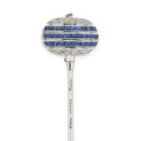 CARTIER, AN ART DECO DOUBLE SIDED SAPPHIRE AND DIAMOND STICK / TIE PIN set to each side with articul