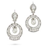 A PAIR OF ART DECO NATURAL SALTWATER PEARL AND DIAMOND DROP EARRINGS each comprising a pearl drop of