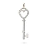 TIFFANY & CO., A DIAMOND HEART KEY PENDANT designed as a key with a heart shaped handle, accented by