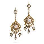 A PAIR OF ANTIQUE PEARL AND DIAMOND DROP EARRINGS in yellow gold, each suspending a drop set with a