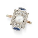 AN ART DECO NATURAL PEARL, SAPPHIRE AND DIAMOND DRESS RING in 18ct white gold, the cylindrical head