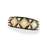 AN ANTIQUE PEARL AND ENAMEL MOURNING RING, 19TH CENTURY in 18ct yellow gold, set with three pearls a