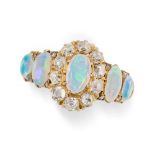 A FINE ANTIQUE FRENCH OPAL AND DIAMOND DRESS RING in 18ct yellow gold, set with an oval cabochon opa